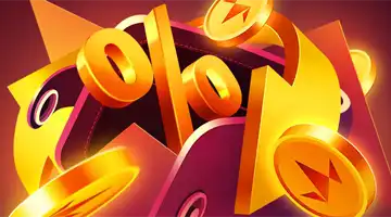 Изображение золотого символа процента в окружении золотых монет, символизирующее кэшбэк-бонус в Онлайн-казино Goodwin.